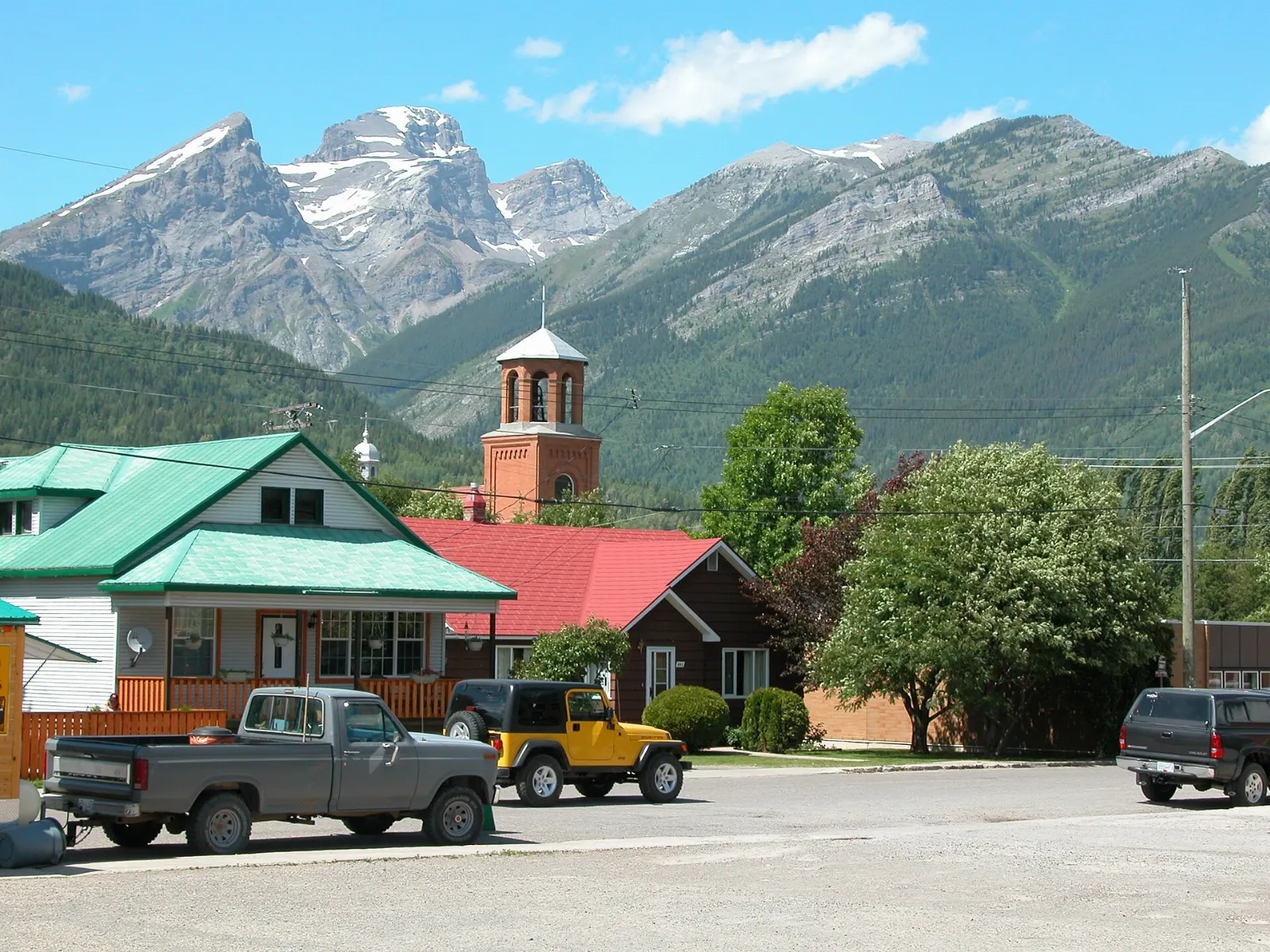 Historic brick buildings along a street in downtown Fernie, British Columbia