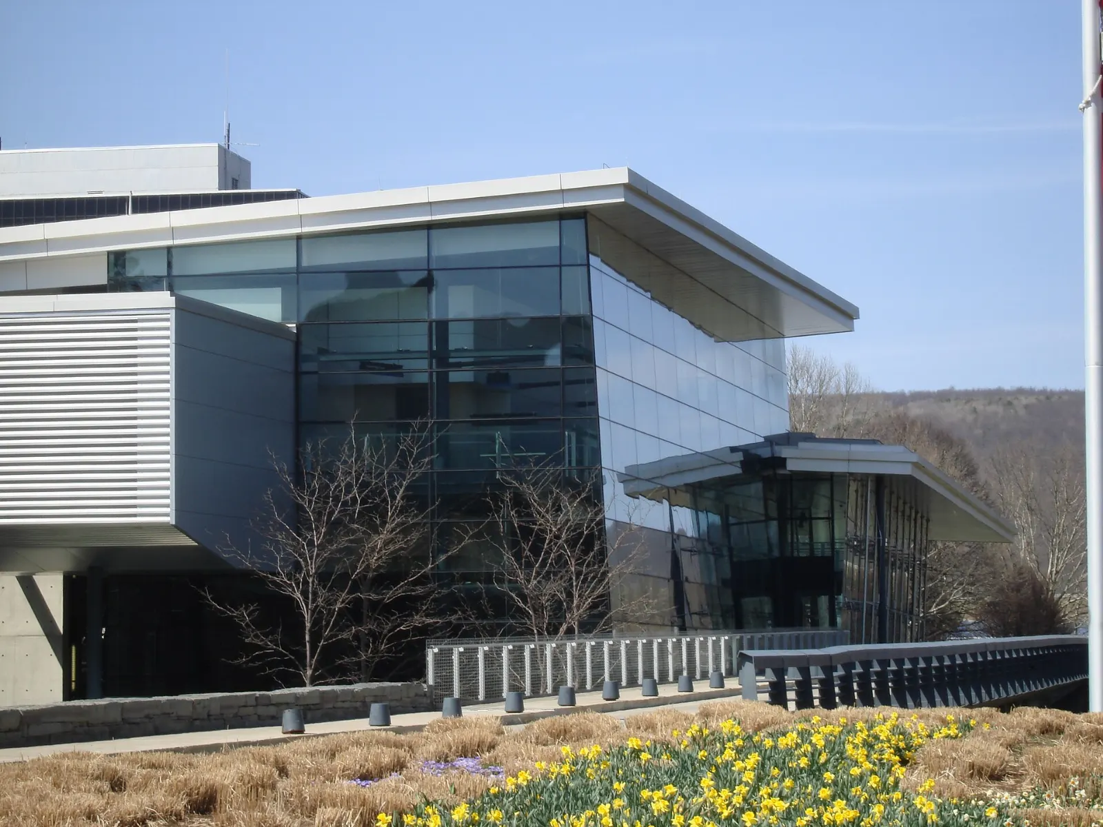 The modern white exterior of the Corning Museum of Glass, Finger Lakes, New York