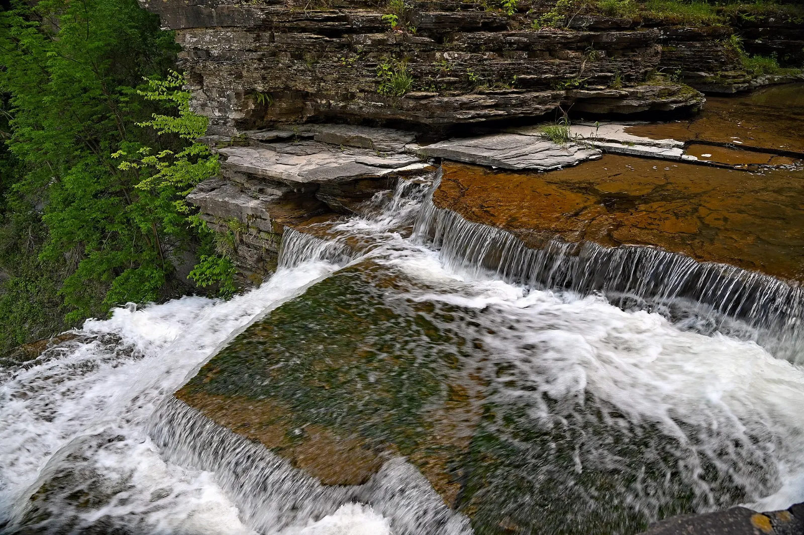 Lucifer Falls cascading down a rocky gorge surrounded by forest, Finger Lakes, New York