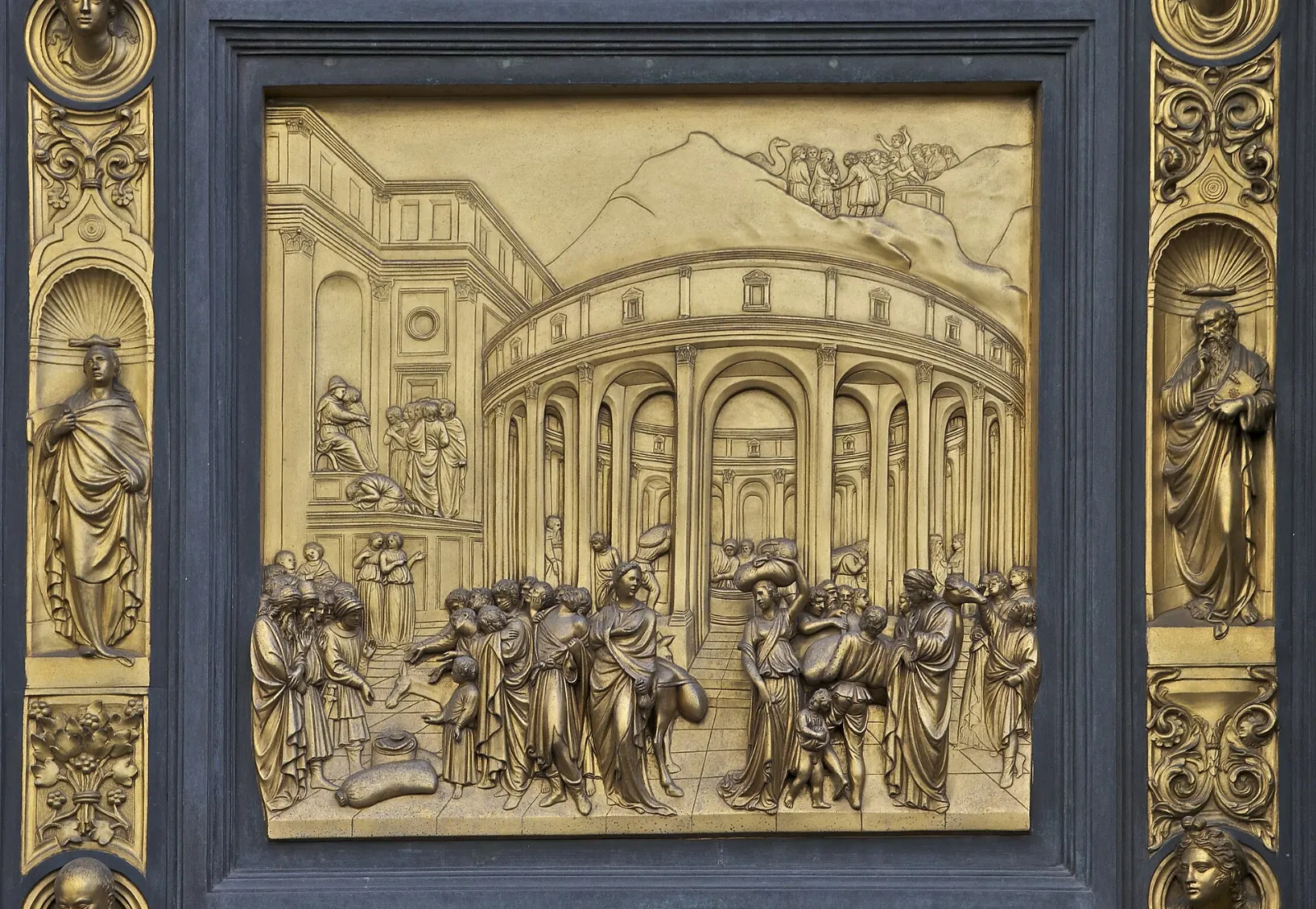 Gilded bronze panels of Ghiberti's Gates of Paradise showing Old Testament scenes, Florence, Italy