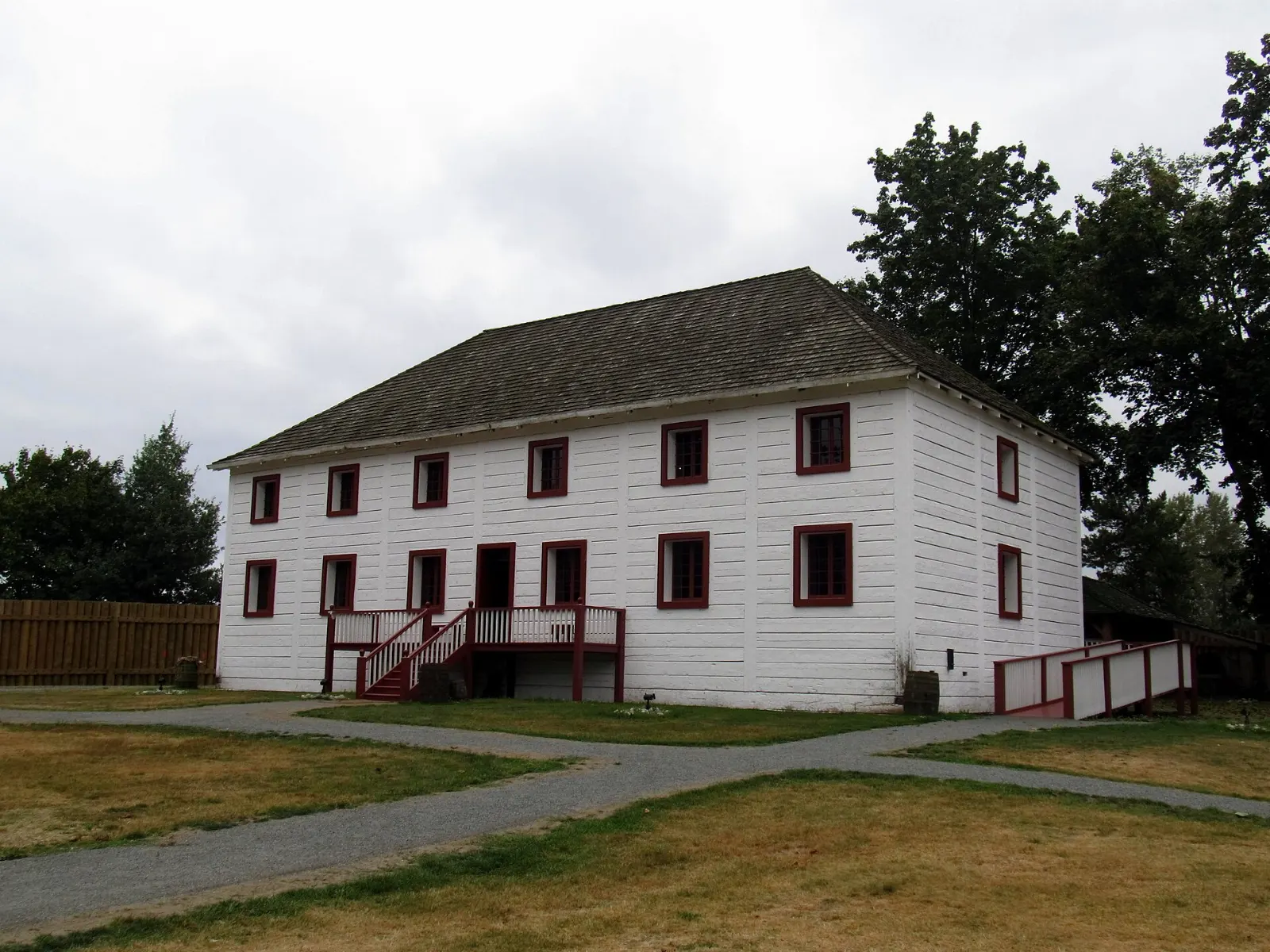 Reconstructed wooden buildings inside the palisades of Fort Langley, British Columbia