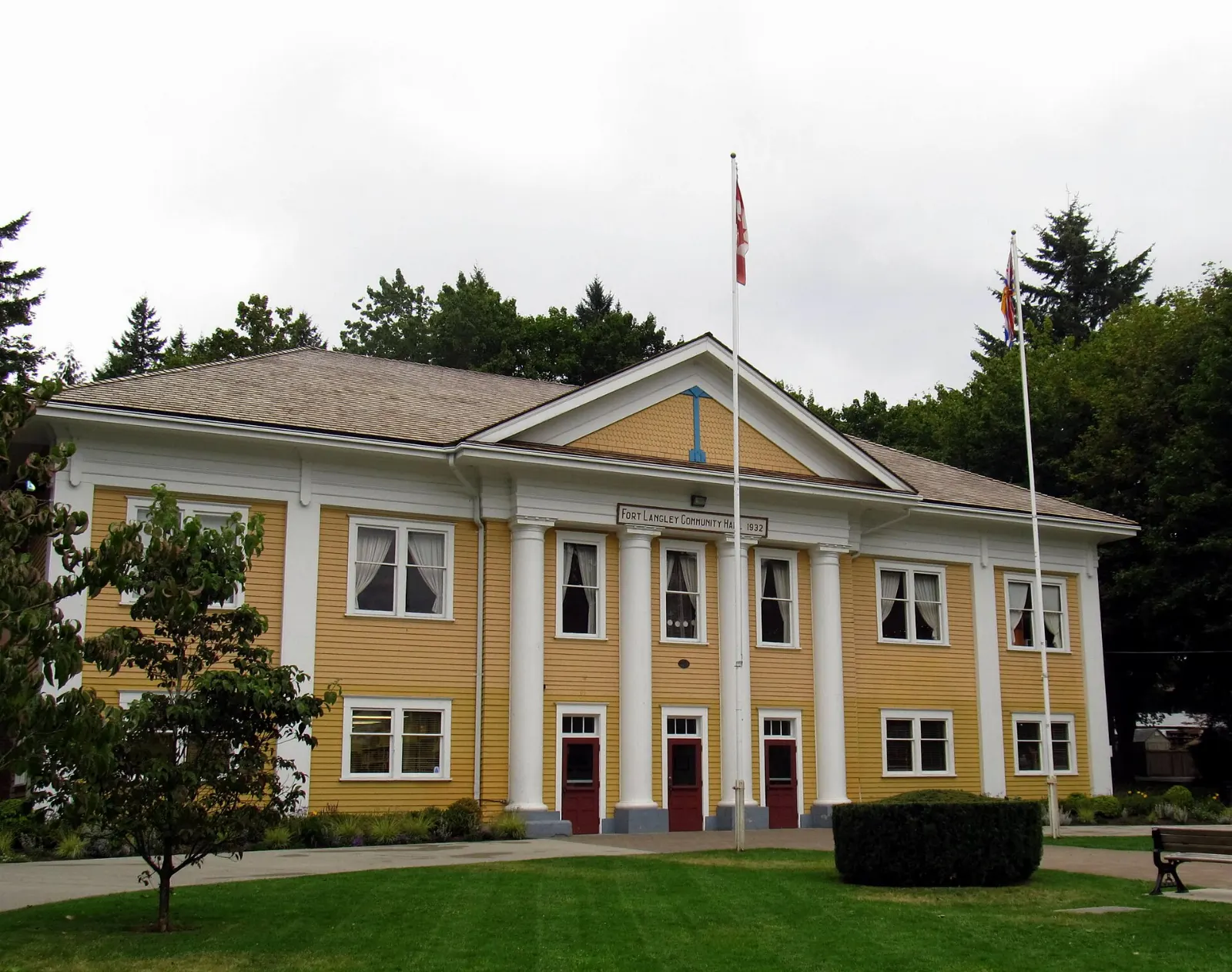 The yellow Fort Langley Community Hall, British Columbia