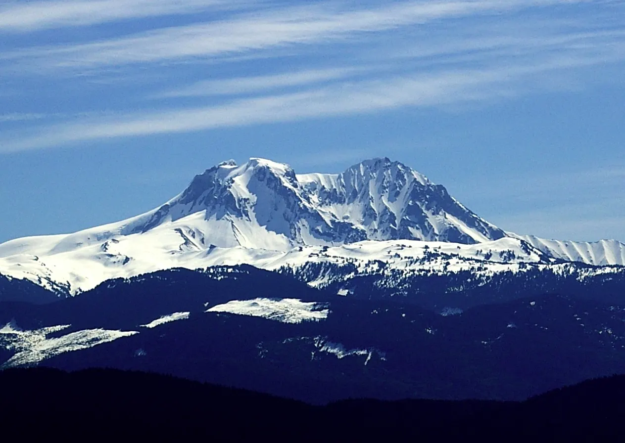 Snow covered Mount Garibaldi seen from the Sea to Sky corridor, Garibaldi Provincial Park, British Columbia