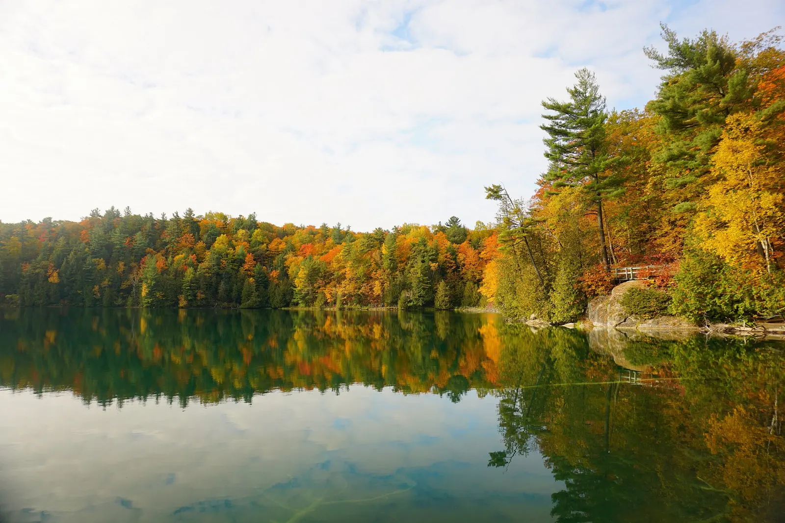Green water of Pink Lake surrounded by forest, Gatineau Park, Quebec