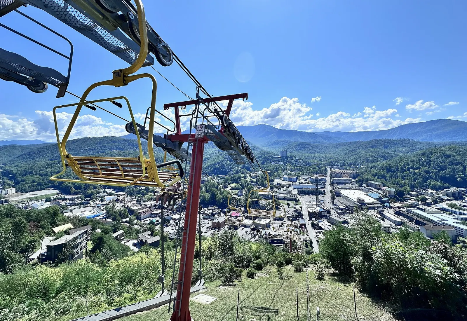 Chairlift and suspension footbridge on Crockett Mountain above downtown Gatlinburg, Tennessee