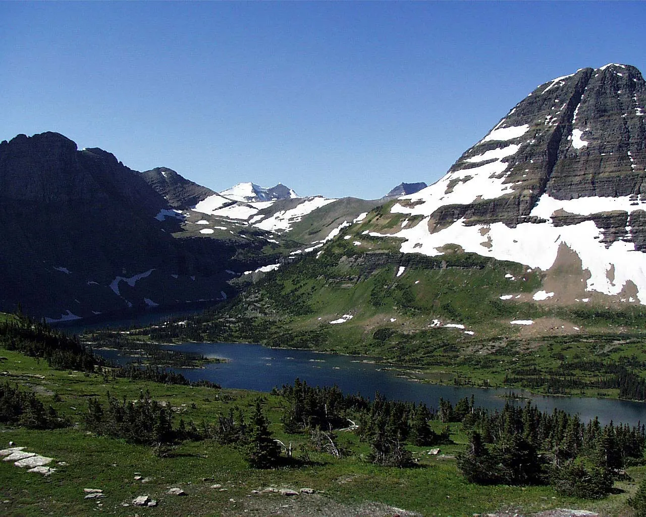 Hidden Lake below the steep pyramid of Bearhat Mountain seen from the overlook, Glacier National Park, Montana