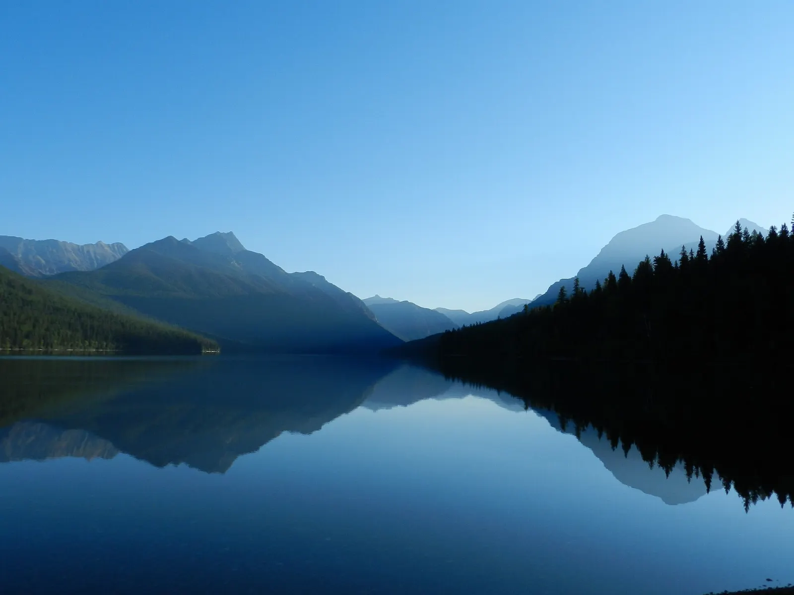 Calm Bowman Lake reflecting forested slopes and peaks in the North Fork area, Glacier National Park, Montana