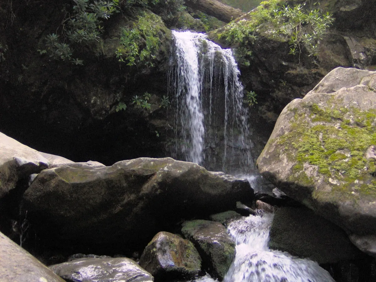 Grotto Falls dropping over a rock ledge in the Great Smoky Mountains, Great Smoky Mountains National Park, Tennessee and North Carolina