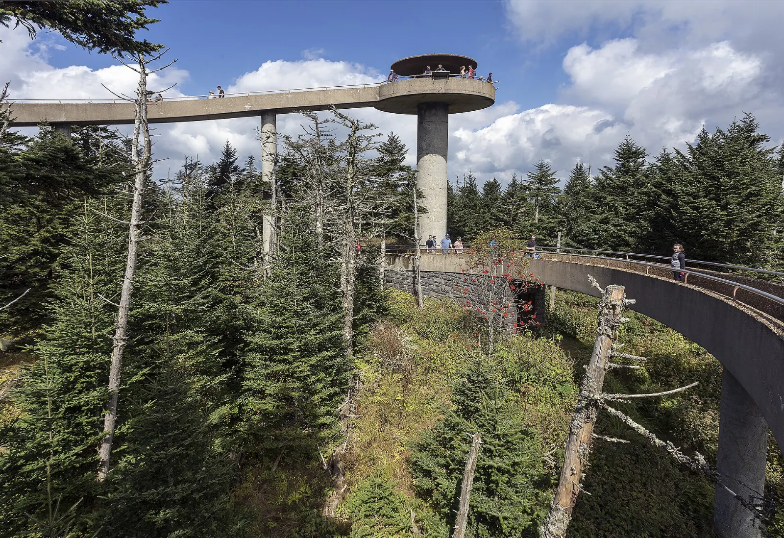 The spiral concrete observation tower on the summit of Kuwohi, Great Smoky Mountains National Park, Tennessee and North Carolina
