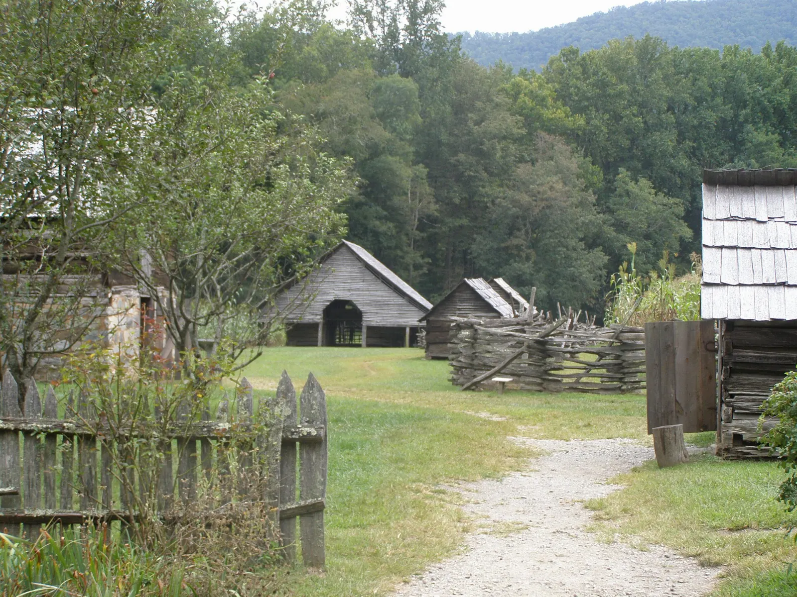 Historic log farm buildings at the Mountain Farm Museum near Oconaluftee, Great Smoky Mountains National Park, Tennessee and North Carolina