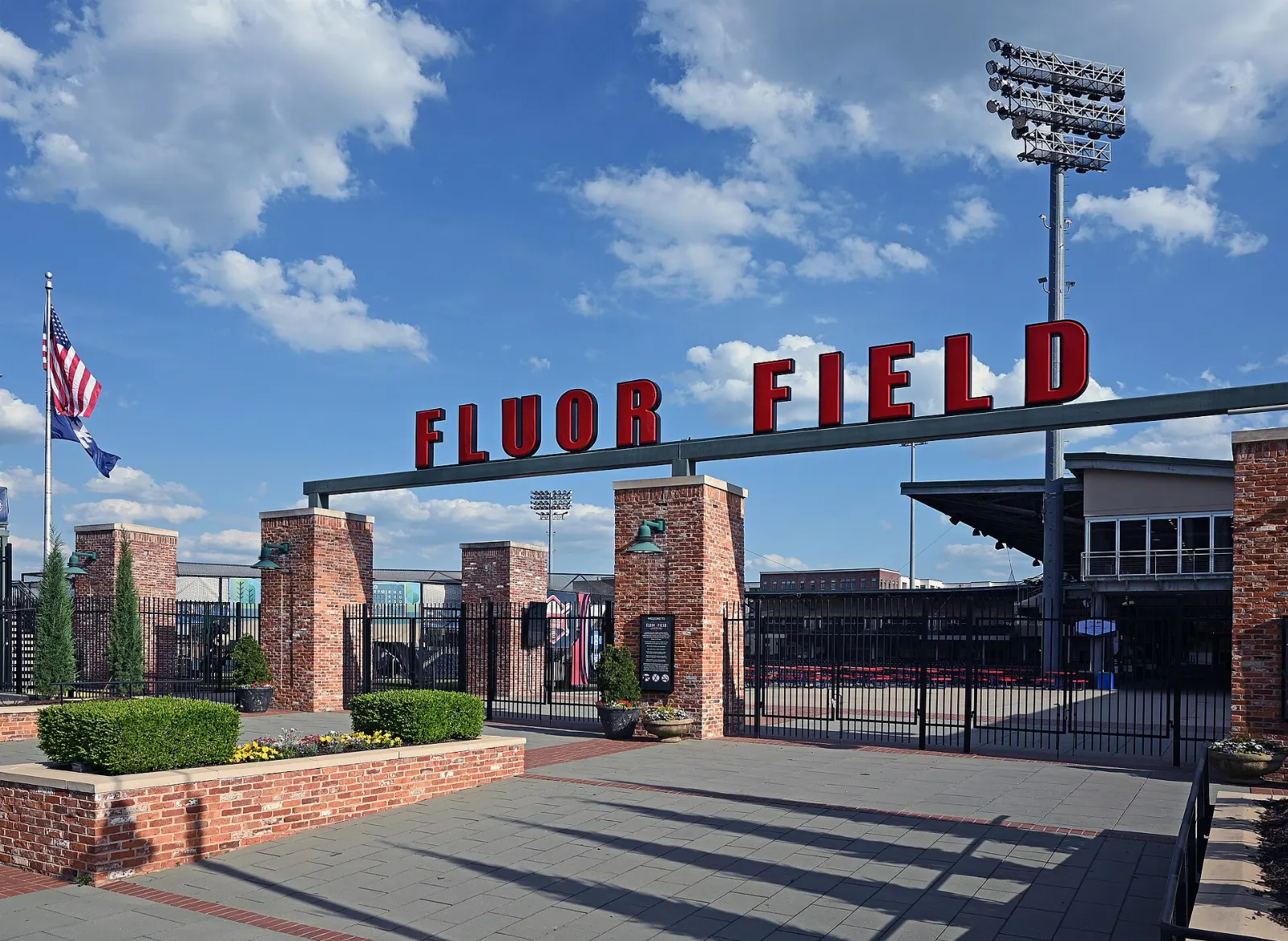 Baseball stadium with a tall green left field wall in Greenville's West End, South Carolina