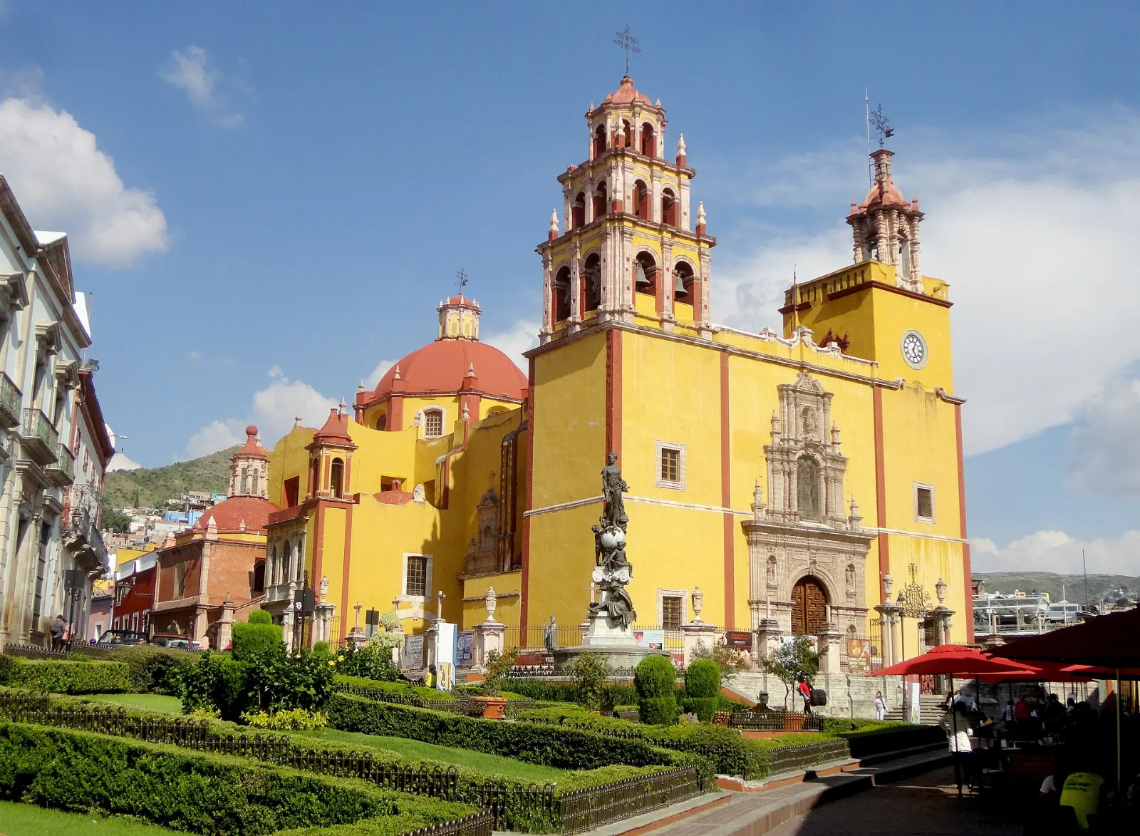 The pale yellow facade of the Basilica of Our Lady of Guanajuato on Plaza de la Paz, Guanajuato City, Guanajuato