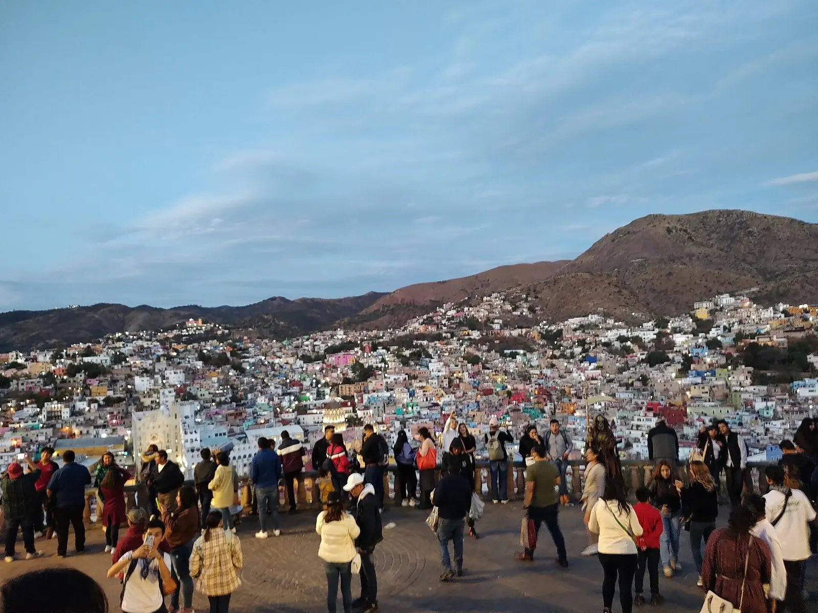 The tall statue of El Pípila above Guanajuato at sunset, Guanajuato City, Guanajuato