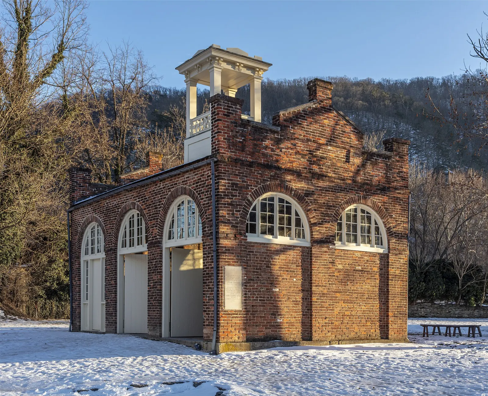 Small brick engine house with arched doors and a cupola known as John Brown's Fort, Harpers Ferry, West Virginia
