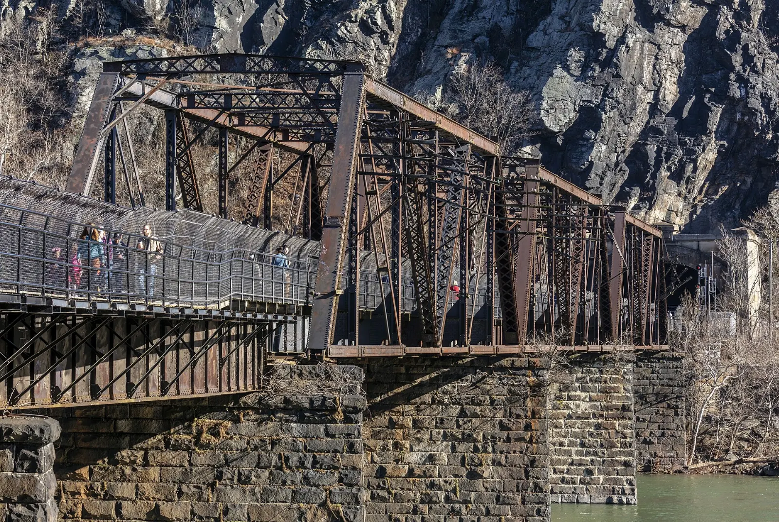 Pedestrian walkway attached to a railroad bridge crossing the Potomac River at Harpers Ferry, West Virginia