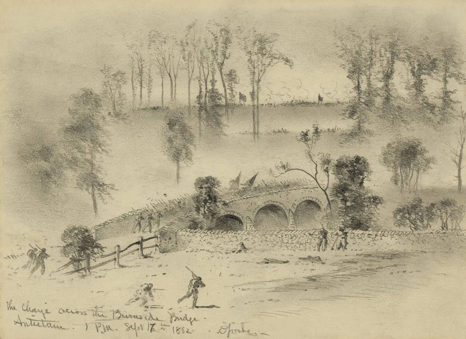 Stone arched Burnside Bridge over Antietam Creek surrounded by trees, Harpers Ferry, West Virginia