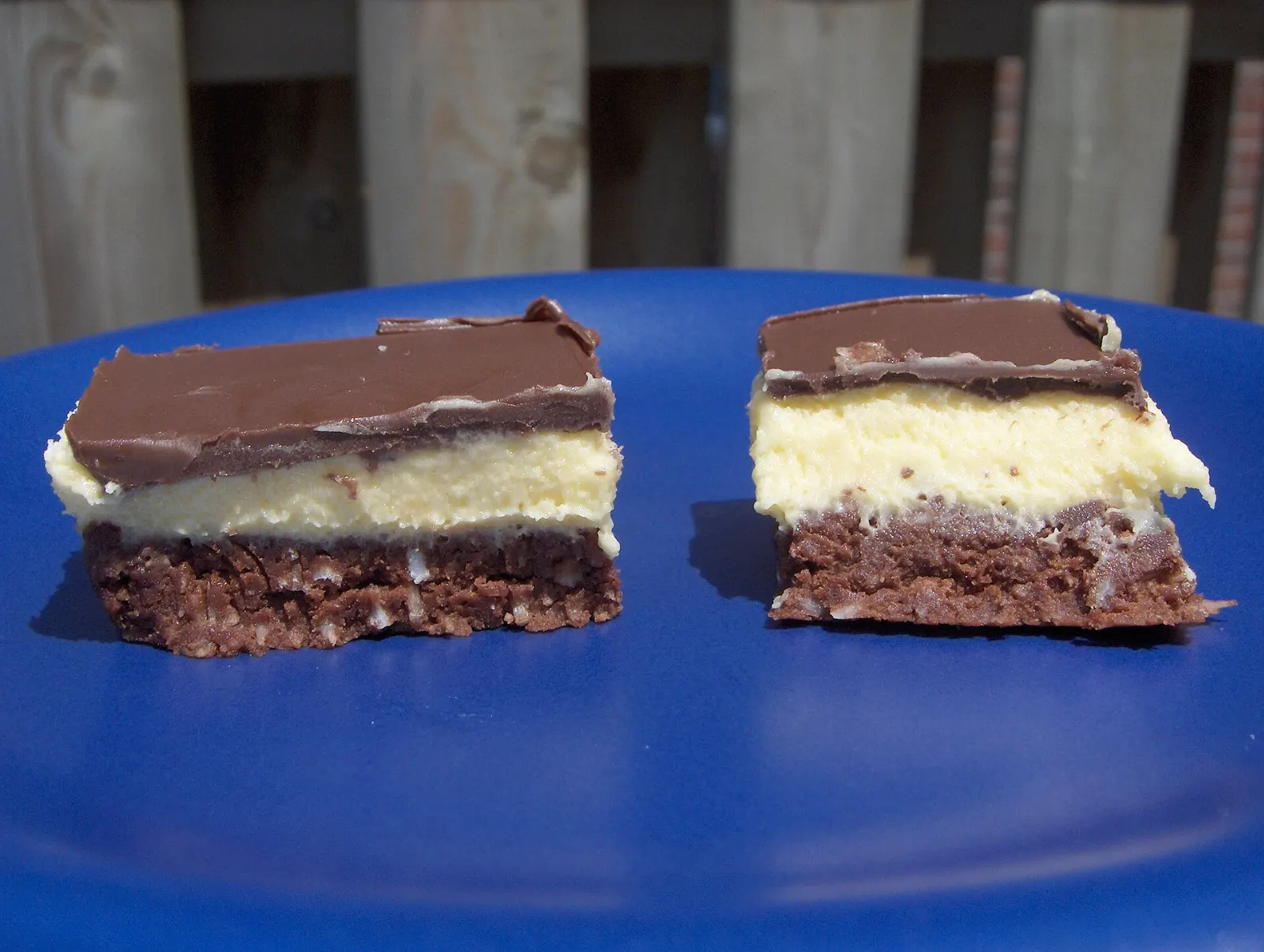 Layered Nanaimo bars on a plate, Harrison Hot Springs, British Columbia
