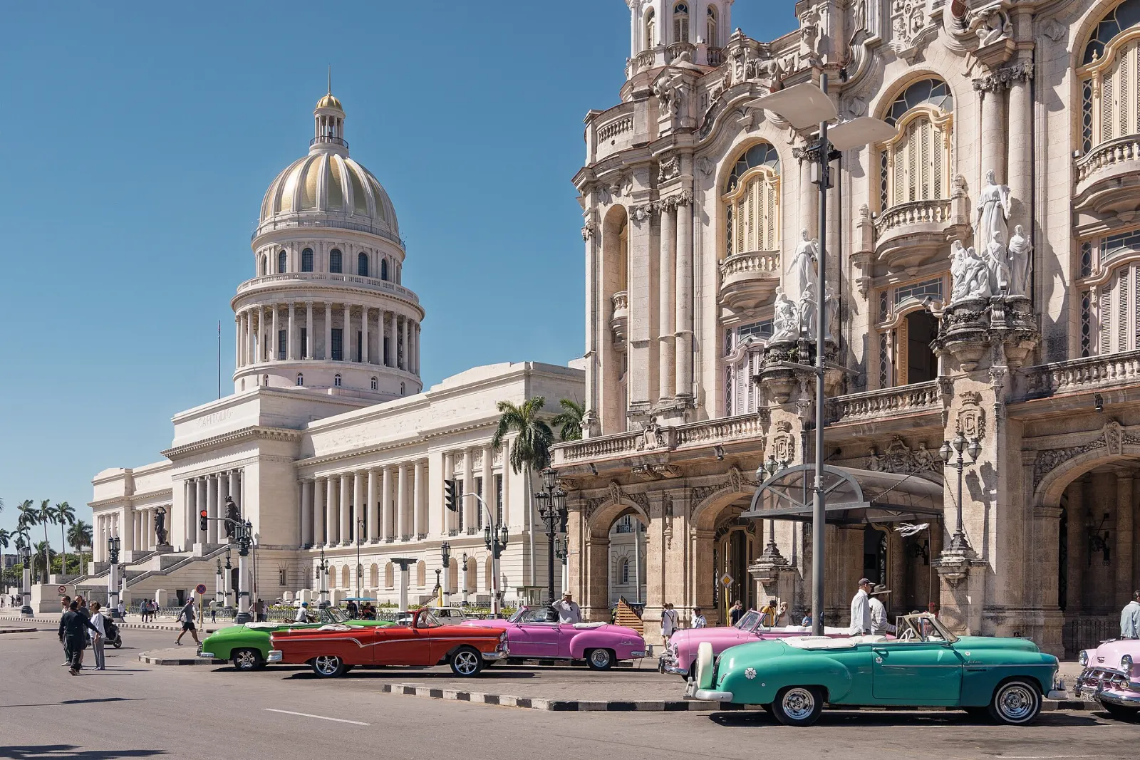 The ornate white facade and corner towers of the Gran Teatro de La Habana, Havana, Cuba