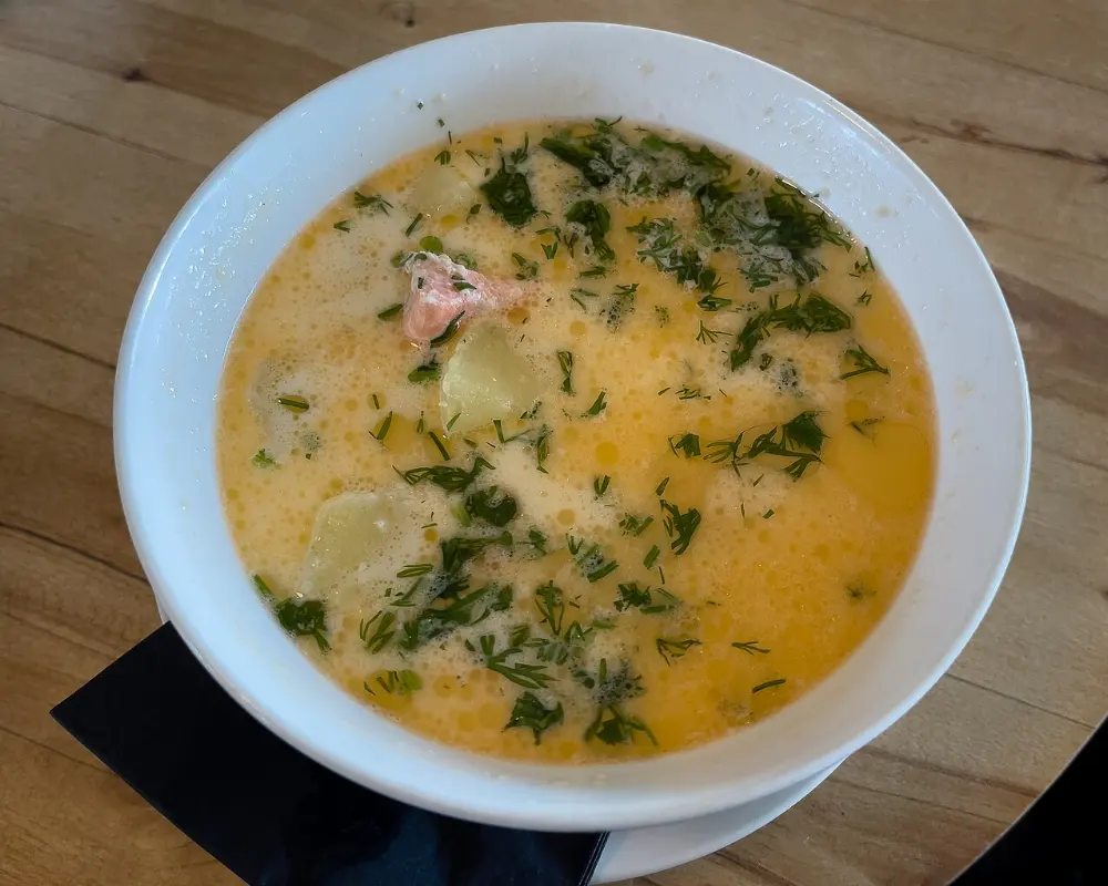Salmon soup in Helsinki, Finland
