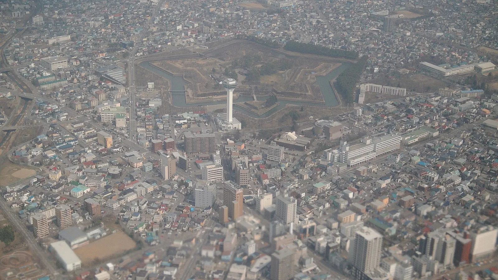 The star-shaped Goryokaku fort in Hakodate seen from above, surrounded by a moat, Hokkaido, Japan