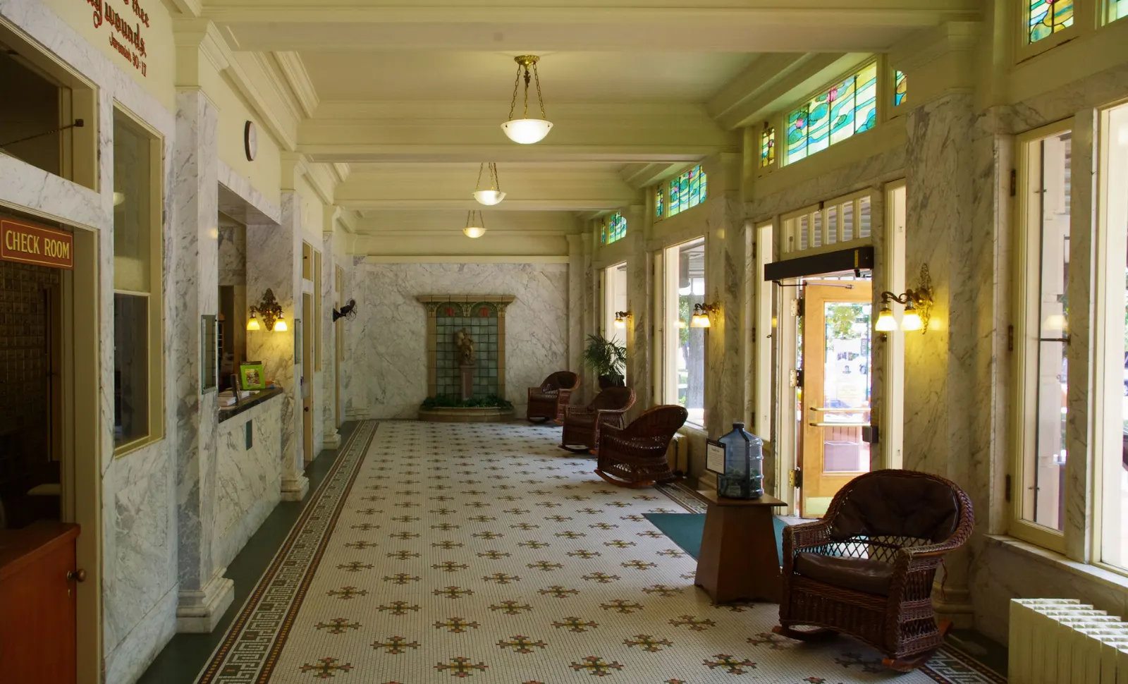 Stained glass ceiling and restored bath hall inside the Fordyce Bathhouse, Hot Springs, Arkansas
