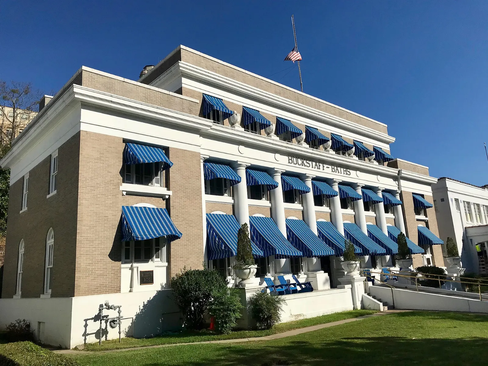 The neoclassical facade of the Buckstaff Bathhouse on Central Avenue, Hot Springs, Arkansas