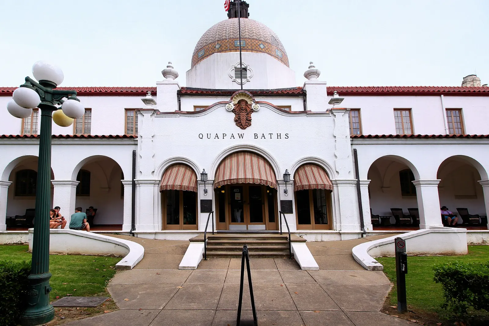 The tiled dome and Spanish-style facade of the Quapaw Bathhouse, Hot Springs, Arkansas