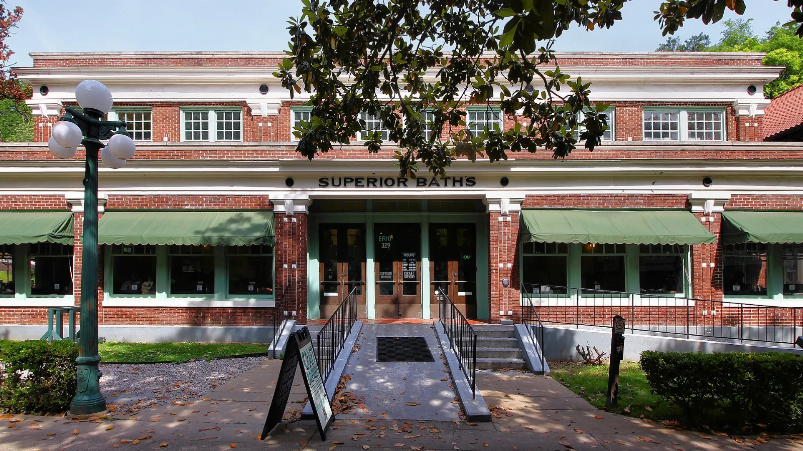 The brick facade of the Superior Bathhouse on Bathhouse Row, Hot Springs, Arkansas