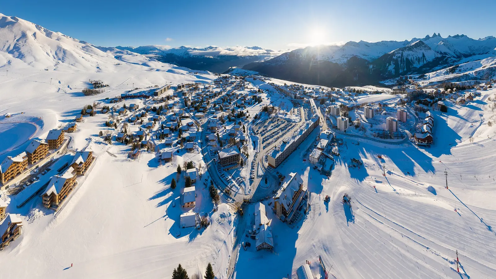 Ski runs and the resort village at Panorama Mountain in the Purcell Mountains, Invermere, British Columbia