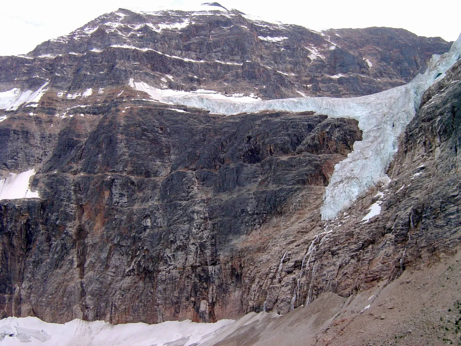 The north face of Mount Edith Cavell with the Angel Glacier spilling over a cliff, Jasper National Park, Alberta