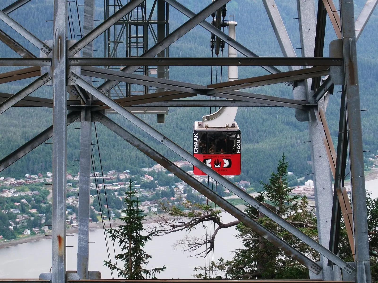 An aerial tram cabin rising above forest with the town and channel below, Juneau, Alaska