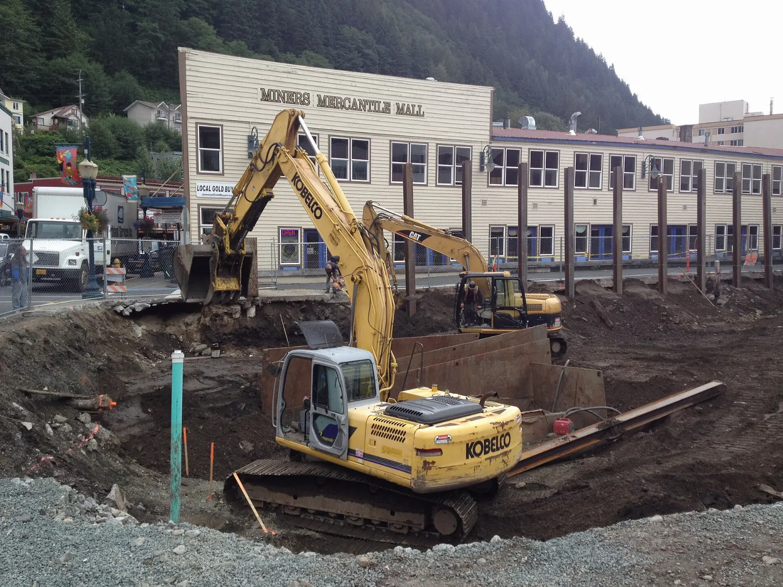 A building with a large carved and painted Northwest Coast formline design on its facade, Juneau, Alaska