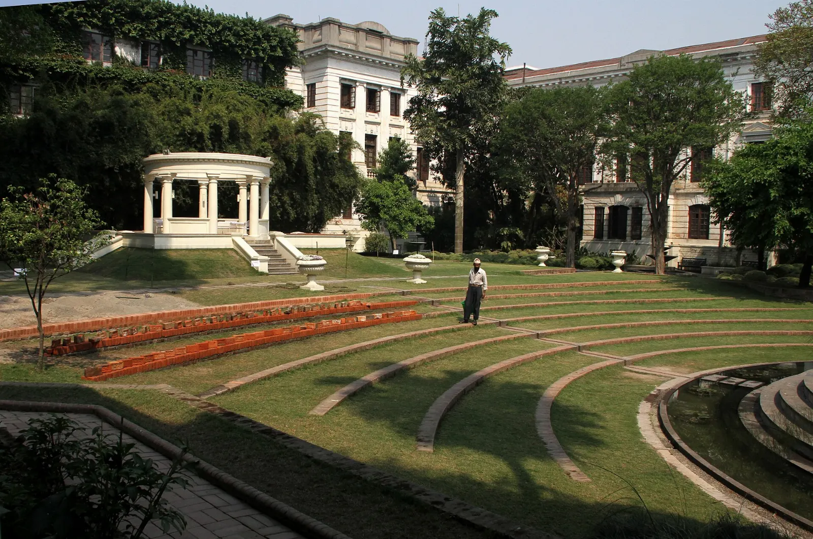 Neoclassical pavilions and a pond in the Garden of Dreams, Kathmandu, Nepal
