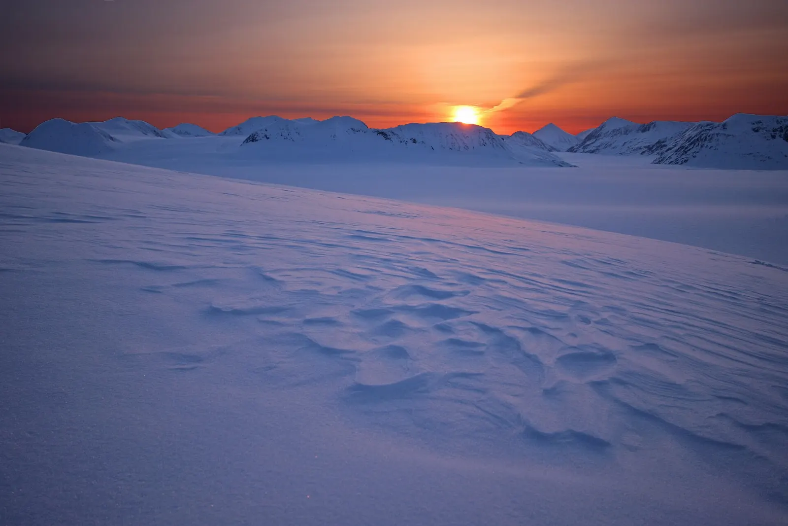 A vast plain of ice and snow with isolated rocky peaks rising through it, Kenai Fjords National Park, Alaska