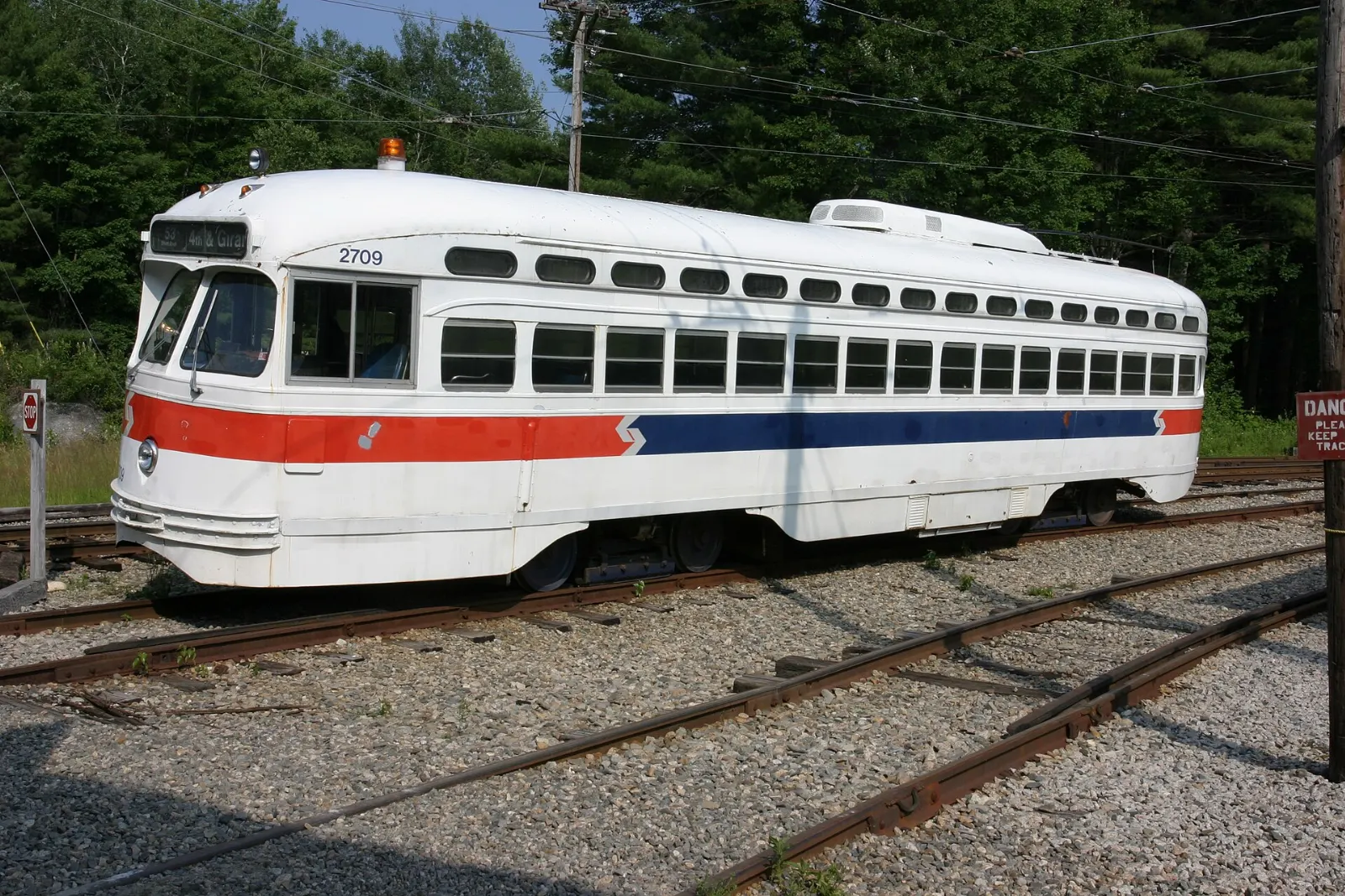 Restored vintage streetcar on the demonstration line at the Seashore Trolley Museum, Kennebunkport, Maine