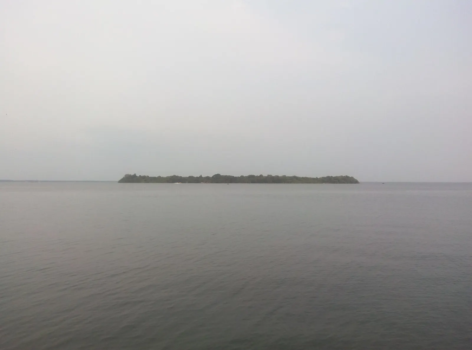 Small forested island surrounded by the calm waters of Vembanad Lake, Kerala Backwaters, India