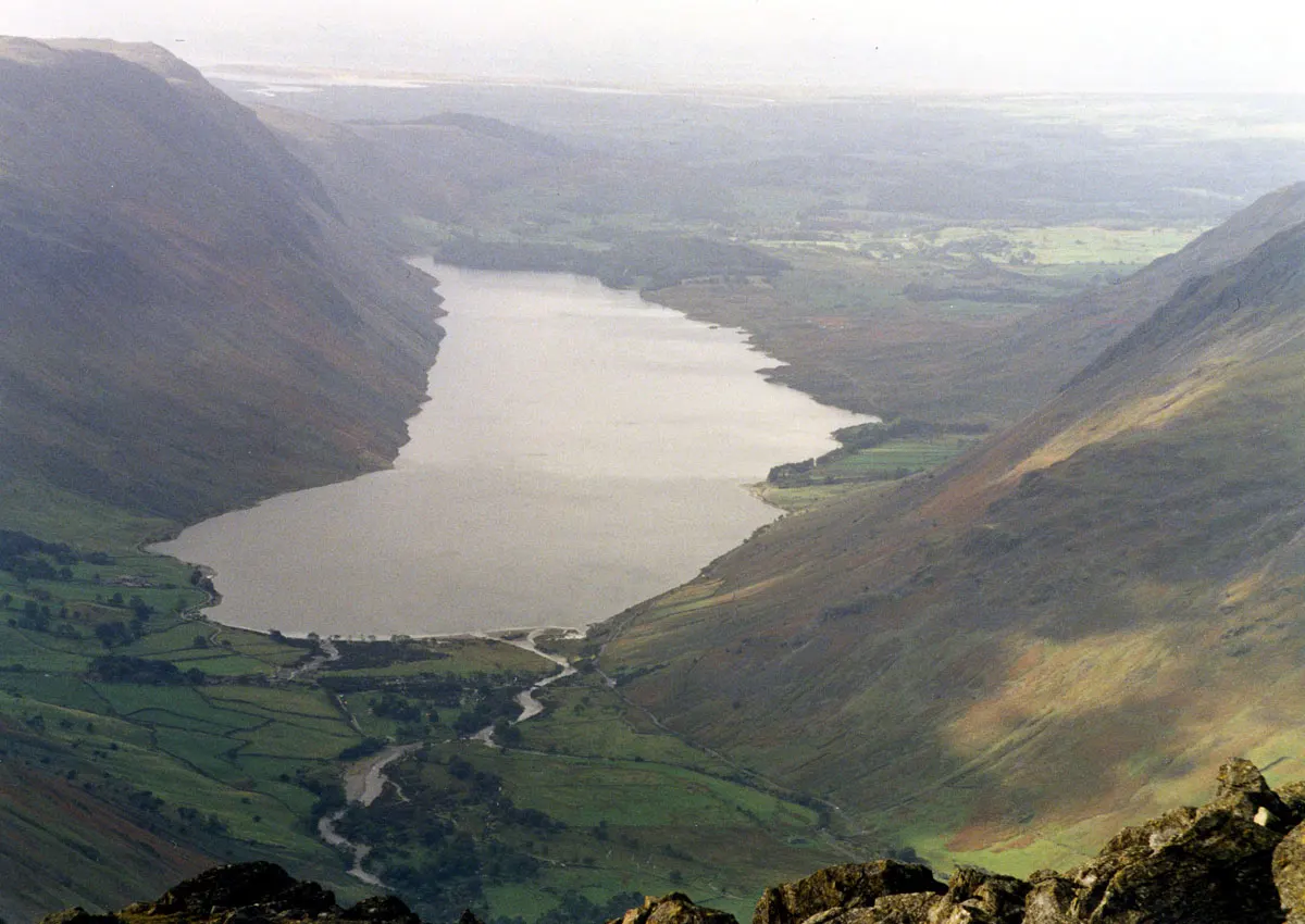 Wast Water with steep scree slopes and Great Gable rising at the head of the valley, Lake District, England