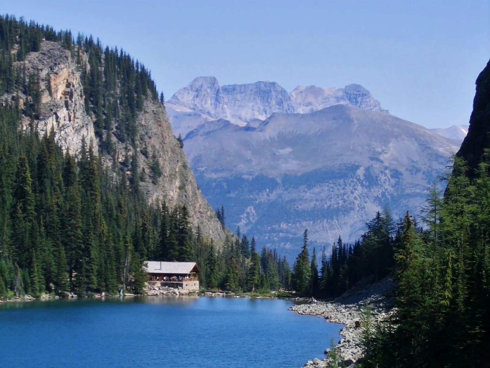 The log tea house beside Lake Agnes in the mountains above Lake Louise, Alberta