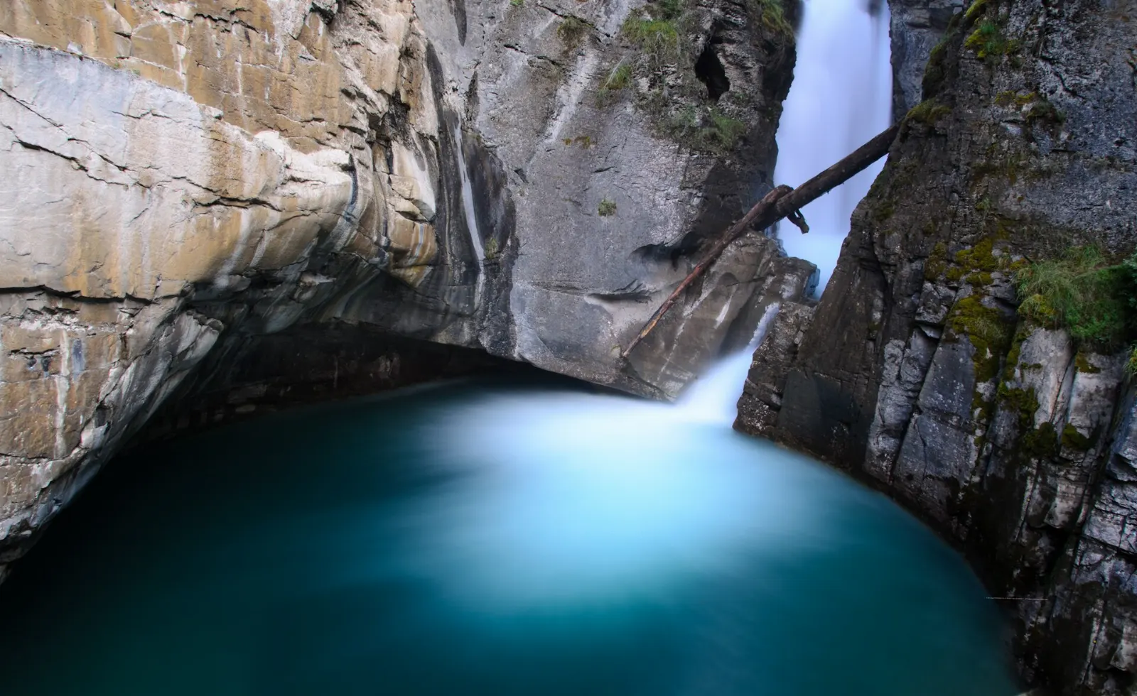 A catwalk beside the Lower Falls in Johnston Canyon, Lake Louise, Alberta