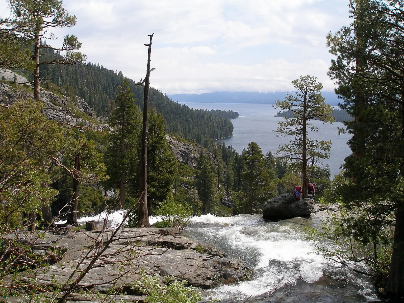 Eagle Falls cascading over granite toward Emerald Bay, Lake Tahoe, California and Nevada
