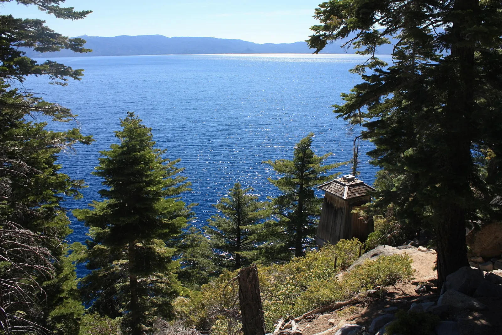 Clear blue water along the rocky shore at D. L. Bliss State Park, Lake Tahoe, California and Nevada