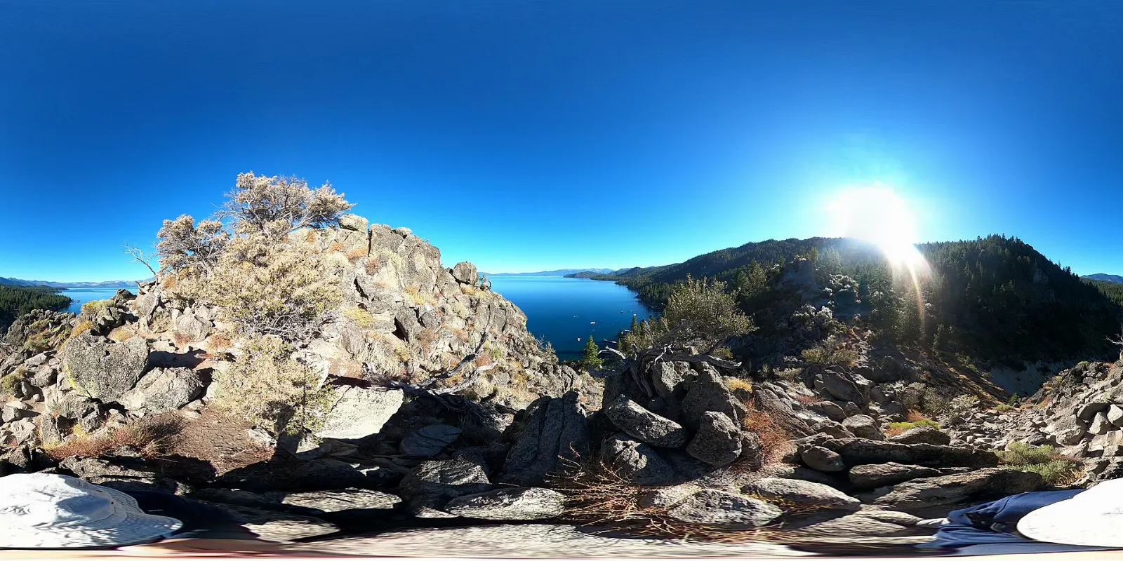 The volcanic outcrop of Cave Rock rising from the east shore of Lake Tahoe