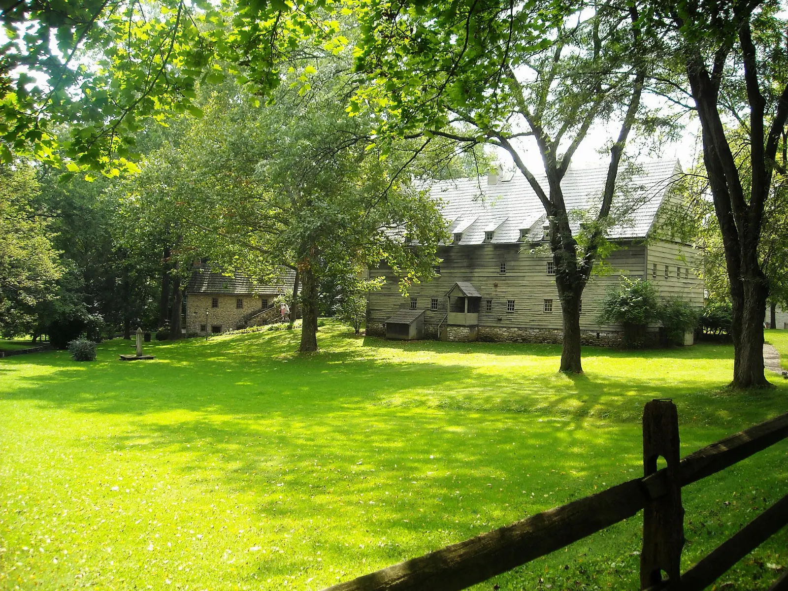 Steep-roofed eighteenth-century wooden buildings of the Ephrata Cloister, Lancaster County, Pennsylvania