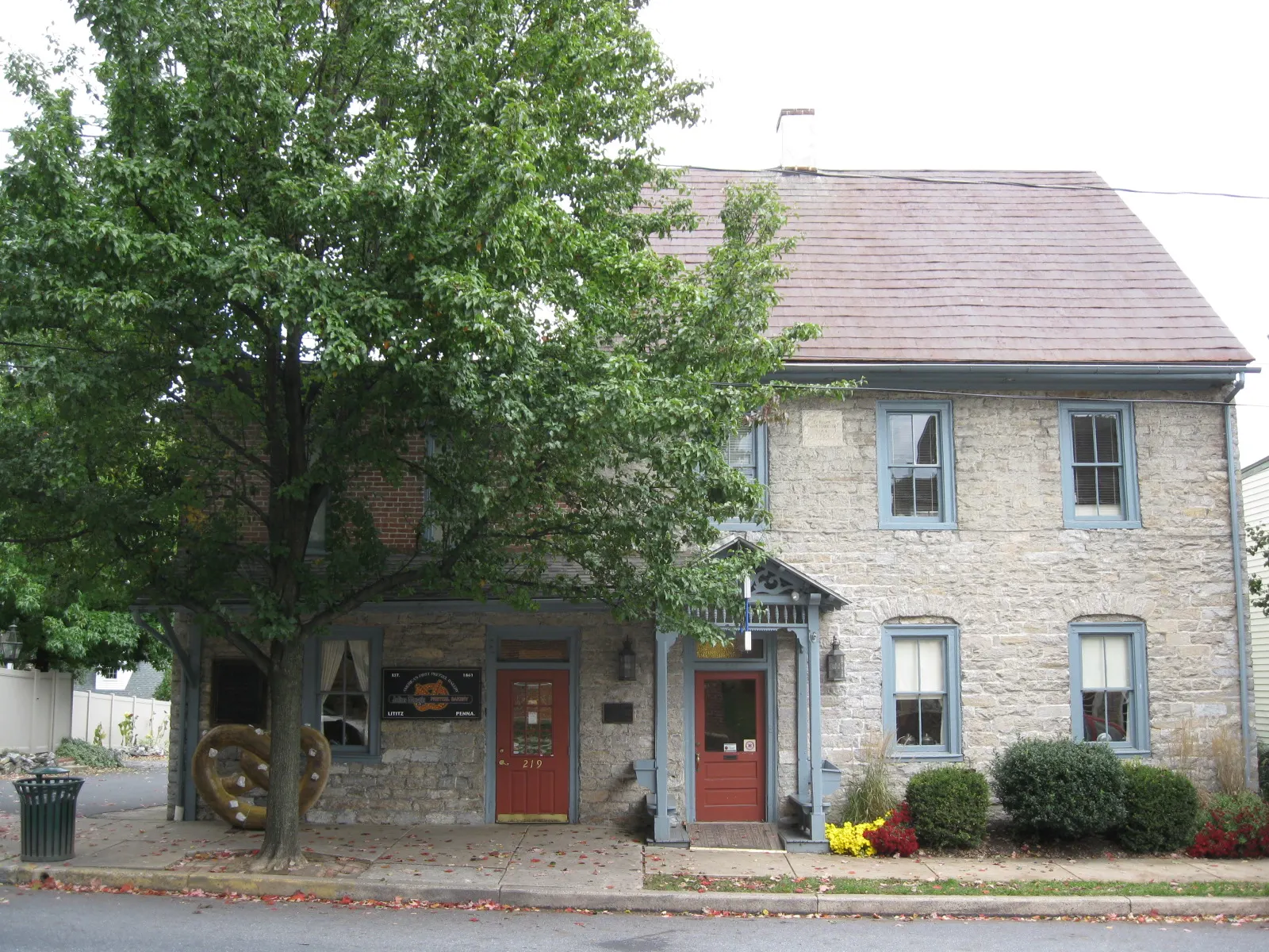 The historic stone front of the Julius Sturgis Pretzel Bakery in Lititz, Lancaster County, Pennsylvania