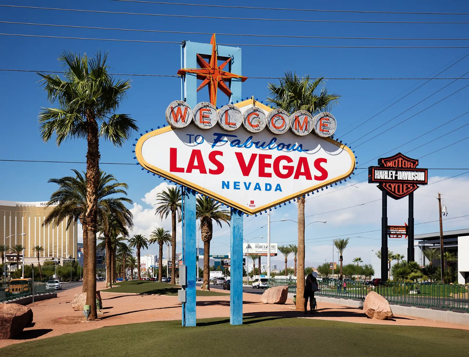 The diamond-shaped Welcome to Fabulous Las Vegas sign under a blue sky, Nevada