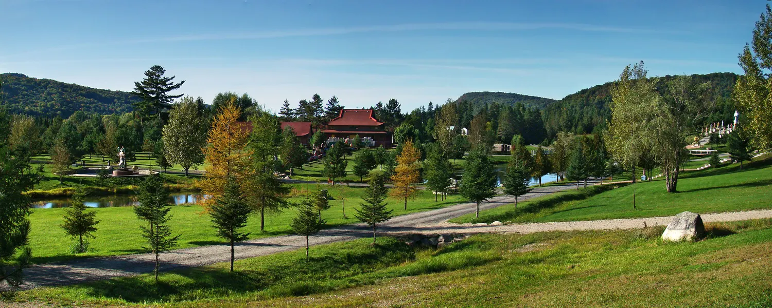 Colourful Buddhist statues at a monastery in Harrington, Laurentians, Quebec