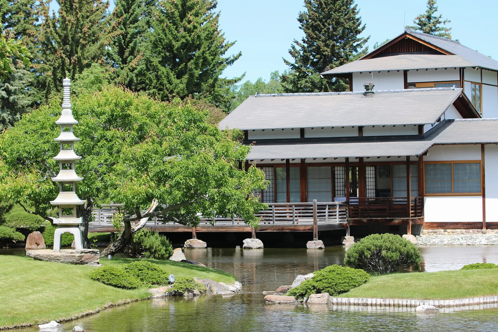 A pavilion and pond at the Nikka Yuko Japanese Garden in Lethbridge, Alberta