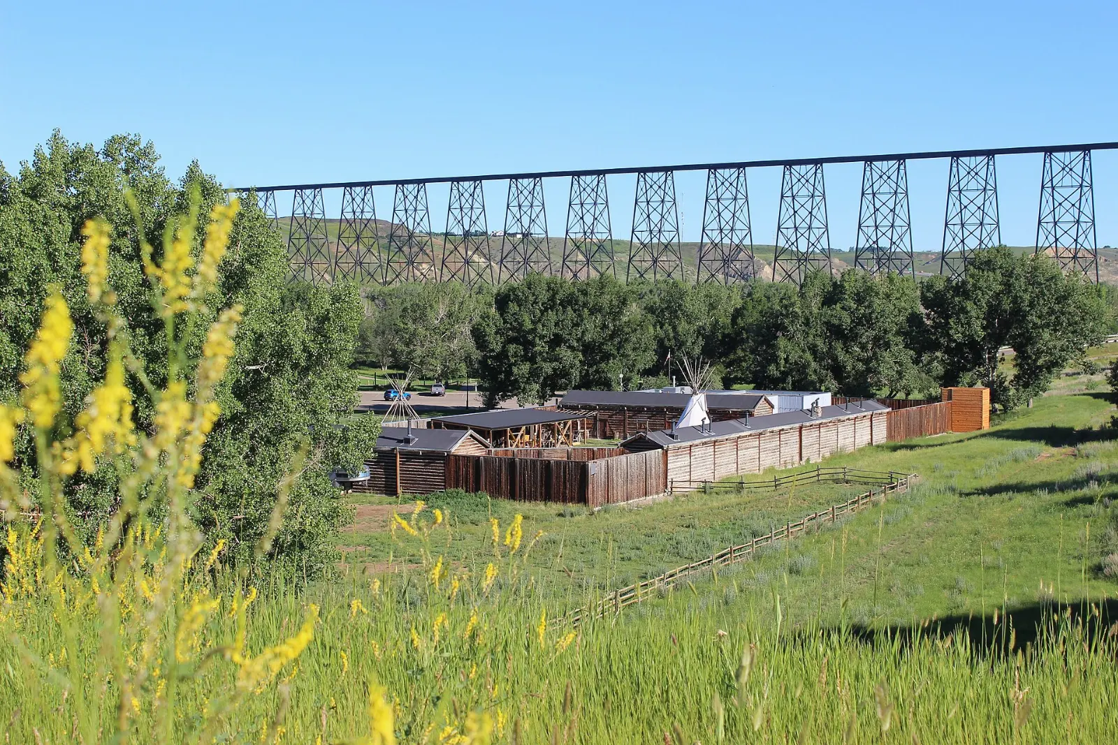 Wooden palisade of the Fort Whoop-Up replica in Lethbridge, Alberta