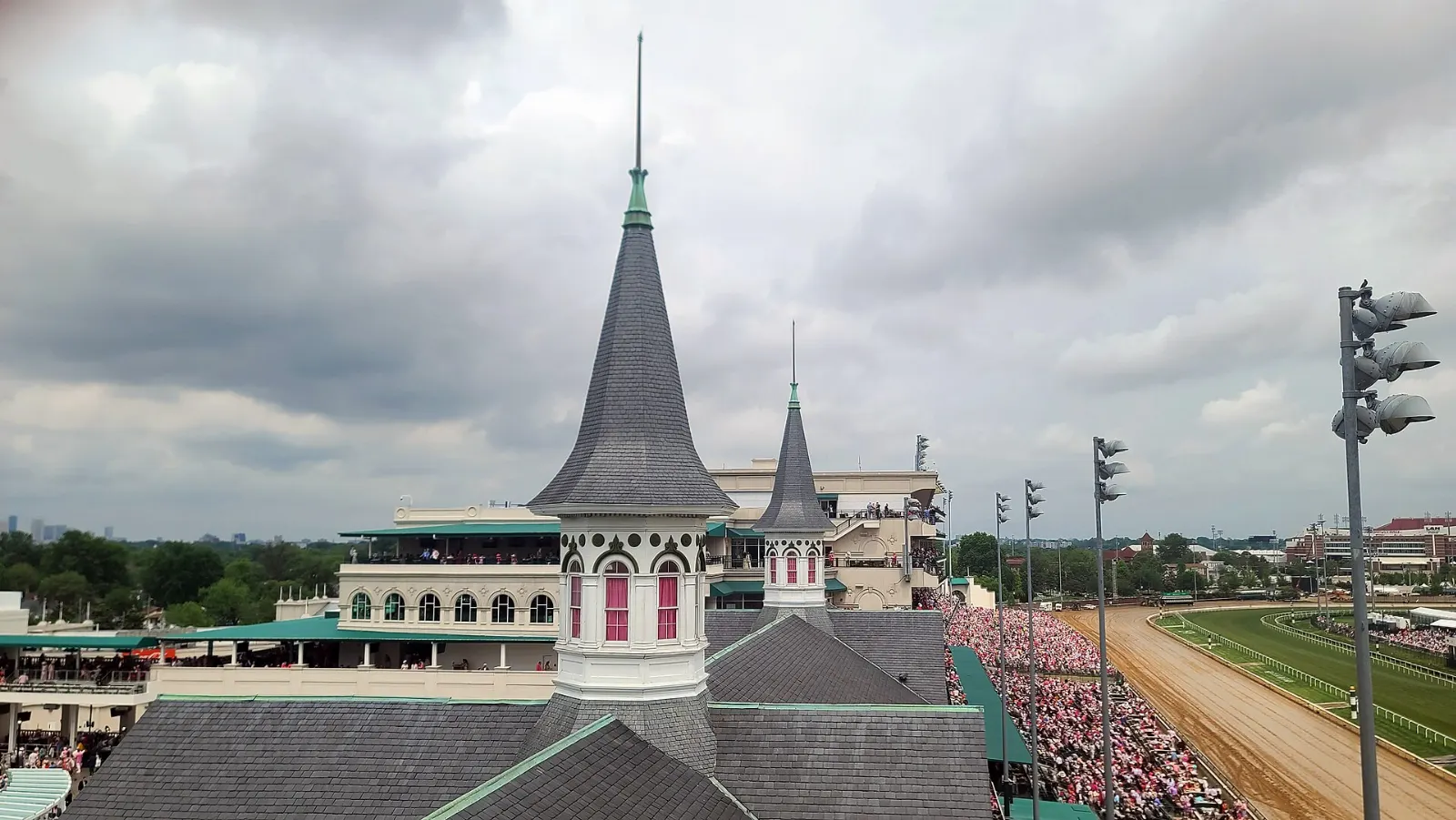 The white twin spires above the grandstand at Churchill Downs, Louisville, Kentucky