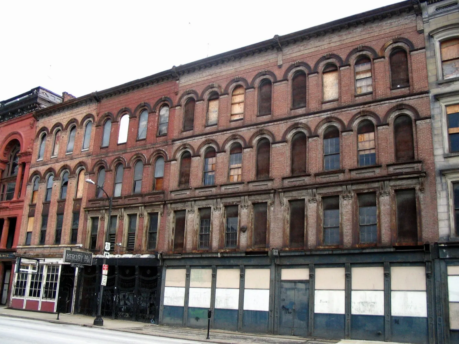 Historic cast iron facades along West Main Street in Louisville, Kentucky